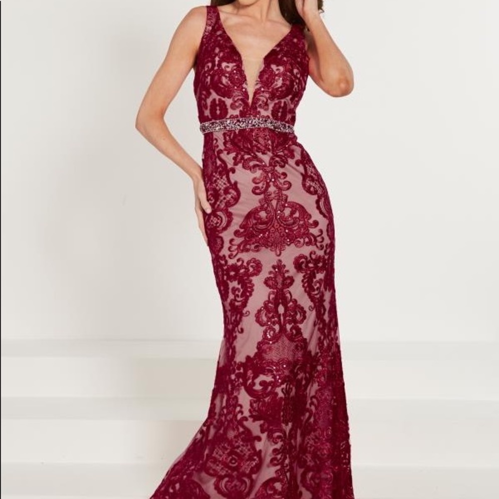 Tiffany Designs maroon and nude Brocade Mermaid dress style #46159
